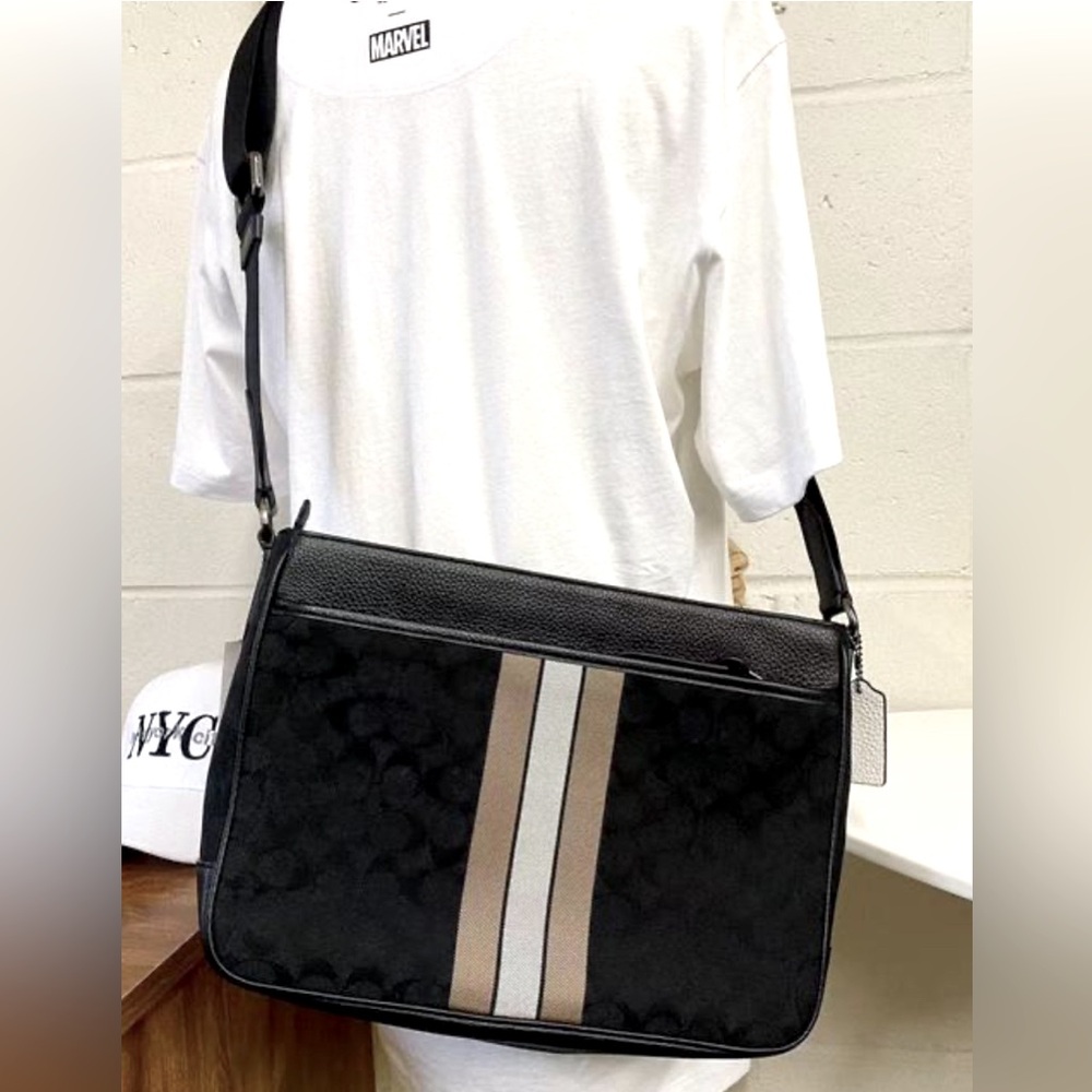 Coach Thompson Signature Stripe Messenger Crossbody Bag | Black Leather Canvas - Picture 8 of 16